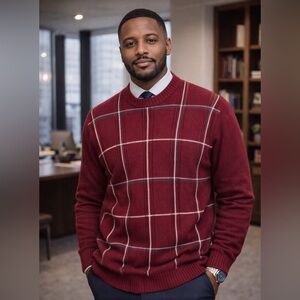 Oscar de la Renta Vintage Knit Sweater – Burgundy Windowpane Plaid – Men’s Large